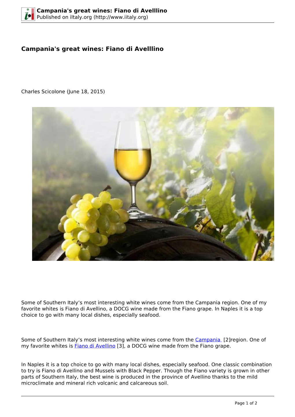 Campania's Great Wines: Fiano Di Avelllino Published on Iitaly.Org (