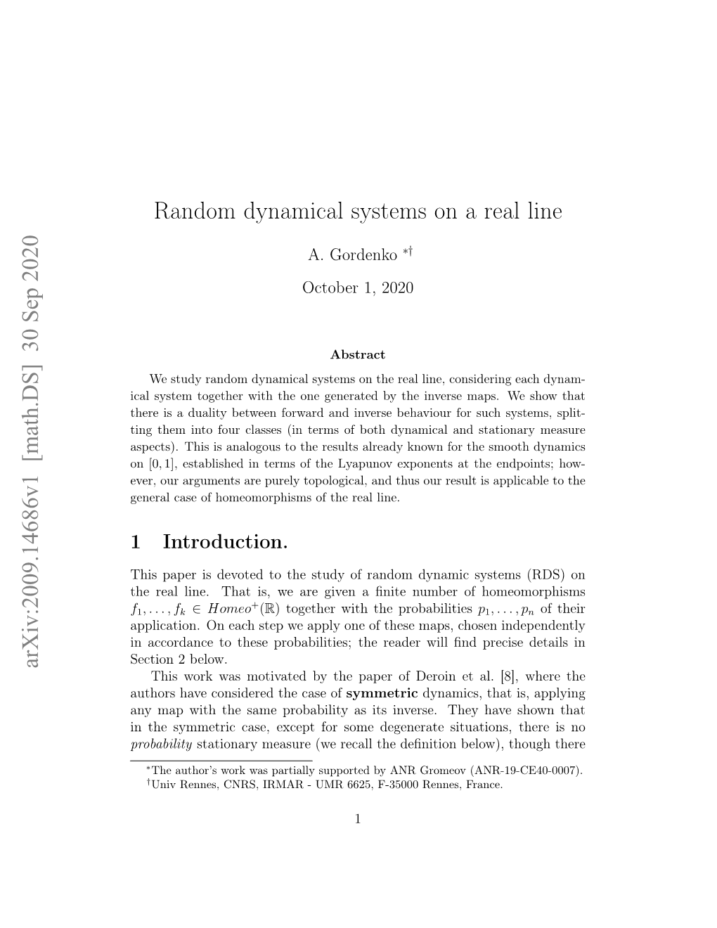 Random Dynamical Systems on a Real Line Arxiv:2009.14686V1 [Math.DS] 30 Sep 2020