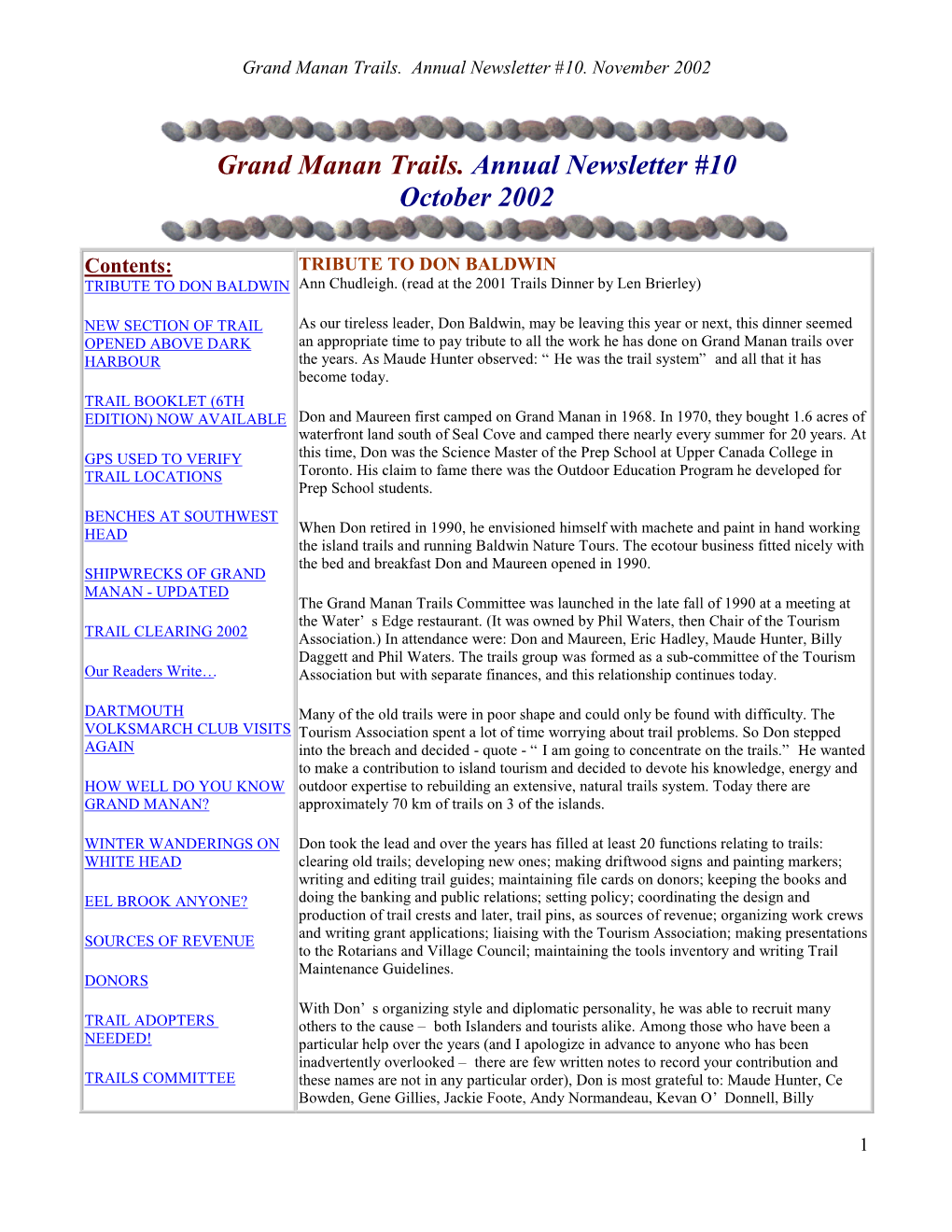 Grand Manan Trails. Annual Newsletter #10