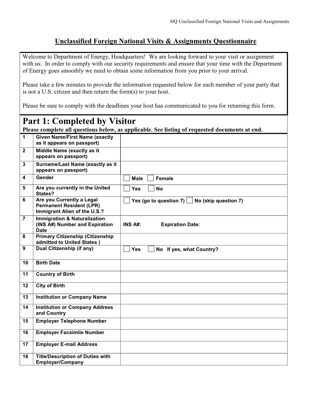 Foreign National Visit/Assignment Questionnaire