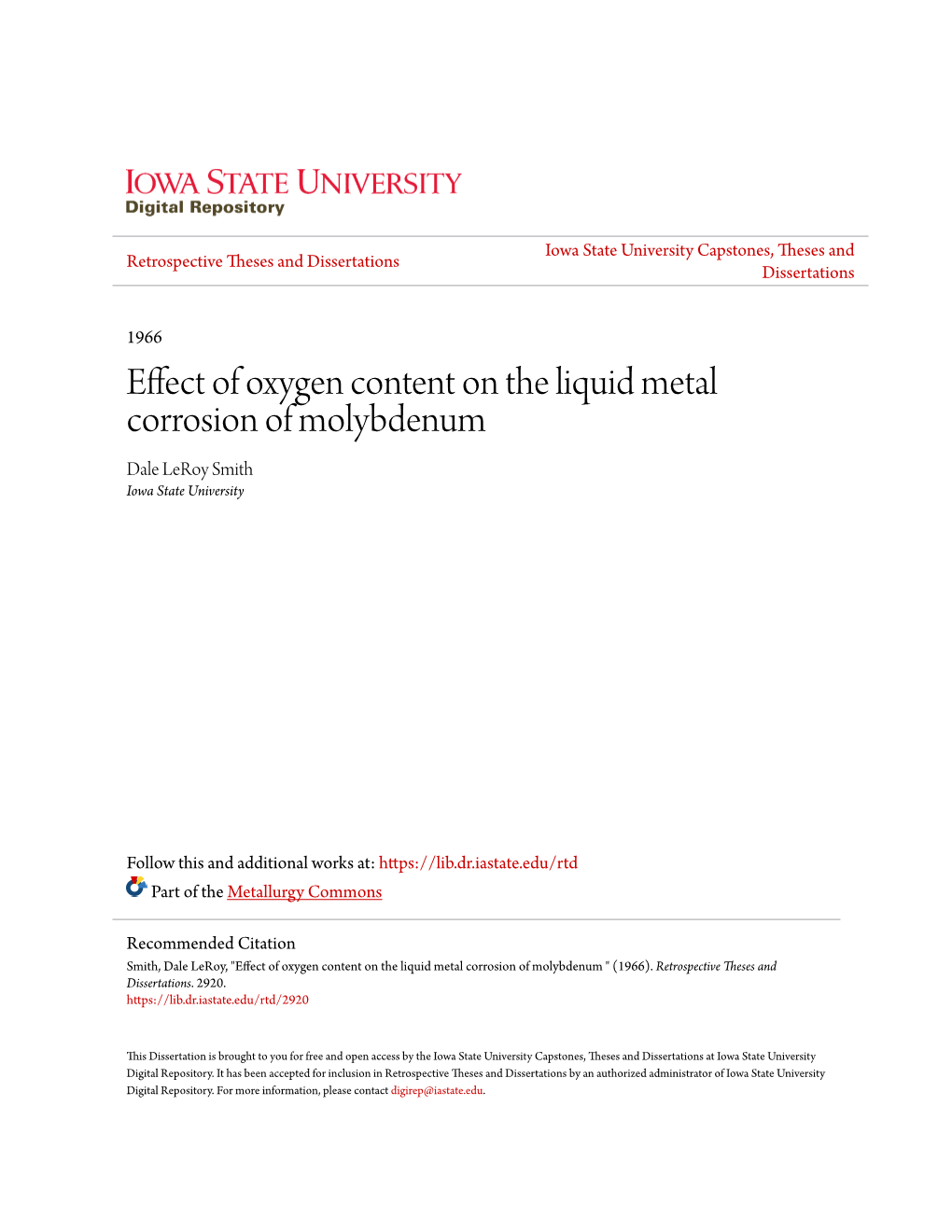 Effect of Oxygen Content on the Liquid Metal Corrosion of Molybdenum Dale Leroy Smith Iowa State University