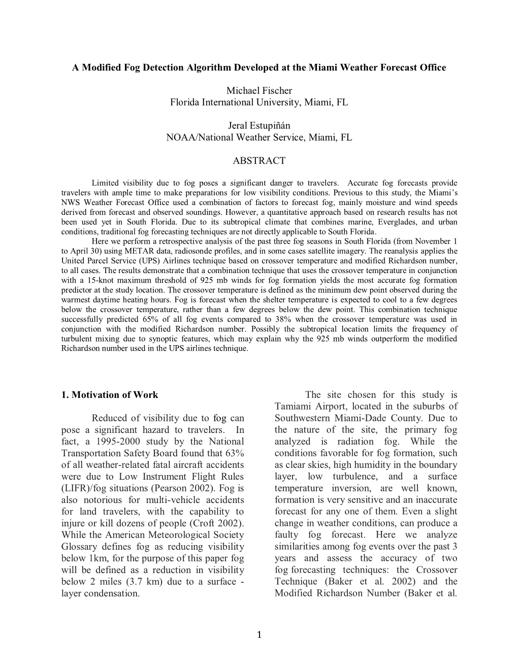 A Modified Fog Detection Algorithm Developed at the Miami Weather Forecast Office