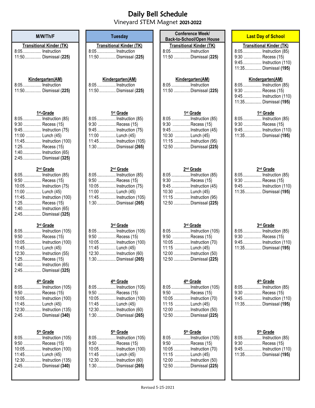 Daily Bell Schedule Vineyard STEM Magnet 2021-2022