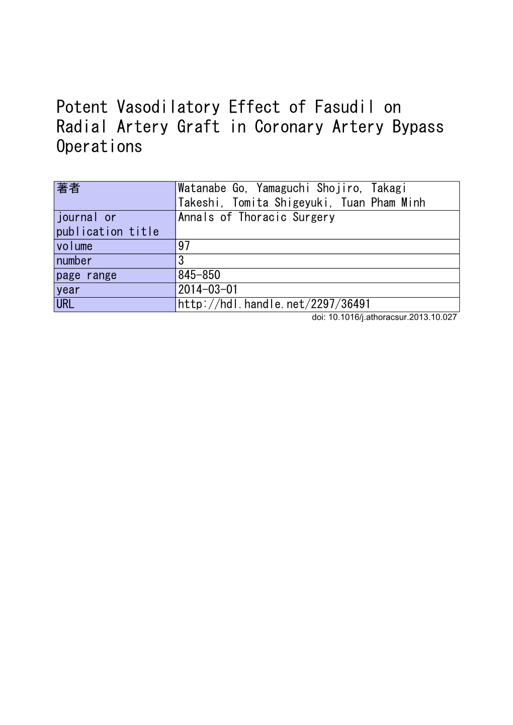 Potent Vasodilatory Effect of Fasudil on Radial Artery Graft in Coronary Artery Bypass Operations