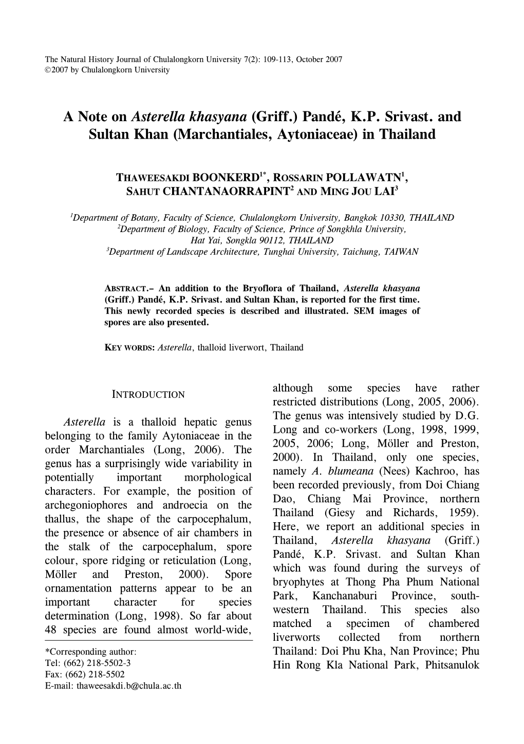A Note on Asterella Khasyana (Griff.) Pandé, K.P. Srivast. and Sultan Khan (Marchantiales, Aytoniaceae) in Thailand
