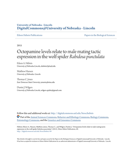 Octopamine Levels Relate to Male Mating Tactic Expression in the Wolf Spider Rabidosa Punctulata Eileen A