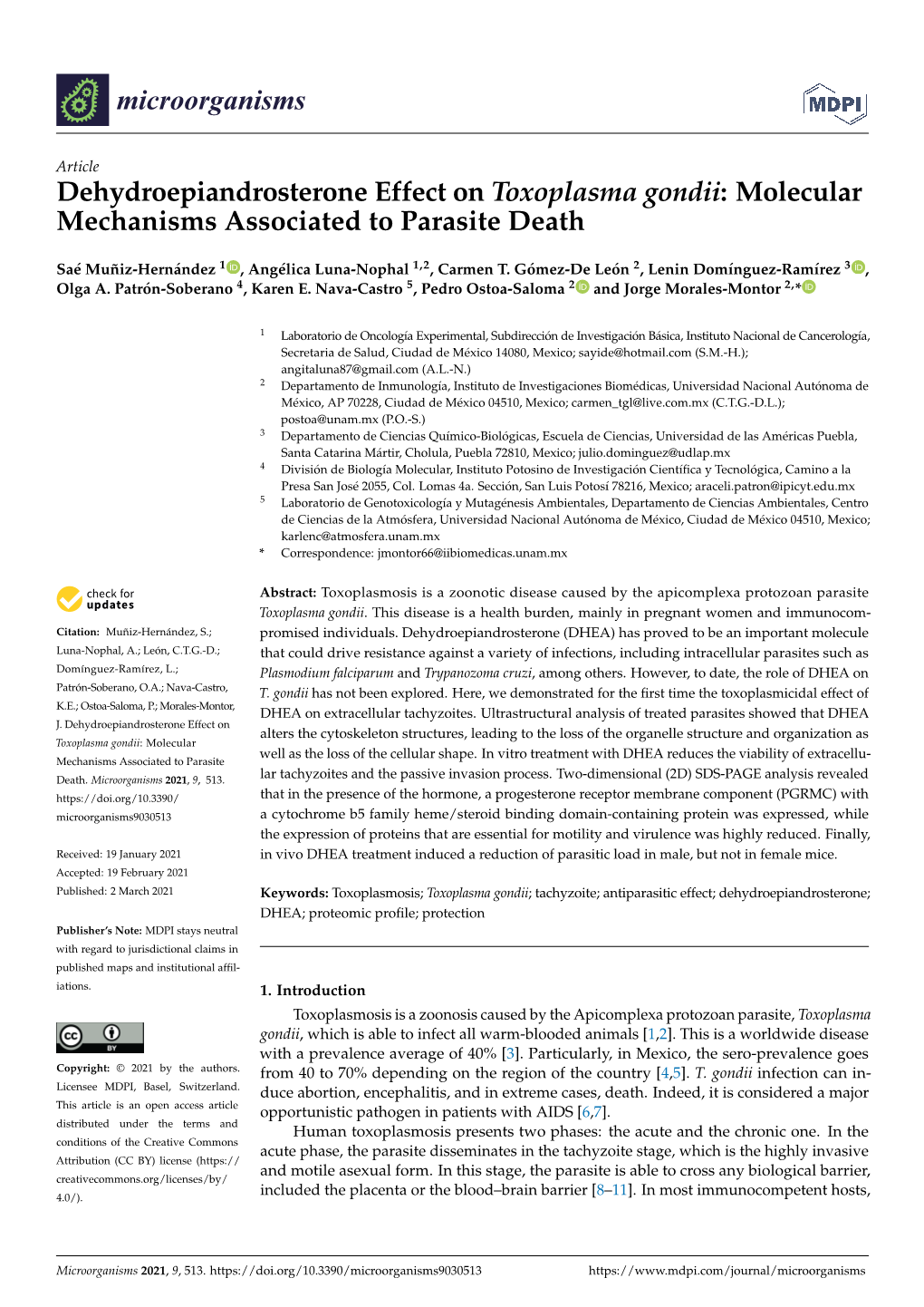 Dehydroepiandrosterone Effect on Toxoplasma Gondii: Molecular Mechanisms Associated to Parasite Death