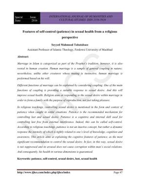 Features of Self-Control (Patience) in Sexual Health from a Religious Perspective