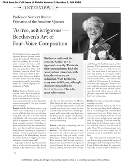 Professor Norbert Brainin, Primarius of the Amadeus Quartet ‘Asfree, As It Is Rigorous’— Beethoven’S Art of Four-Voice Composition