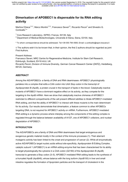 Dimerisation of APOBEC1 Is Dispensable for Its RNA Editing Activity