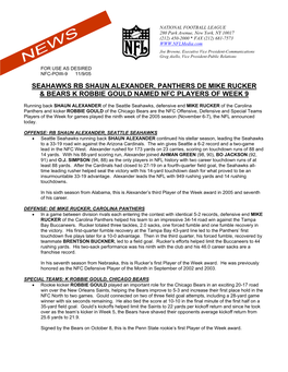 Seahawks Rb Shaun Alexander, Panthers De Mike Rucker & Bears K Robbie Gould Named Nfc Players of Week 9
