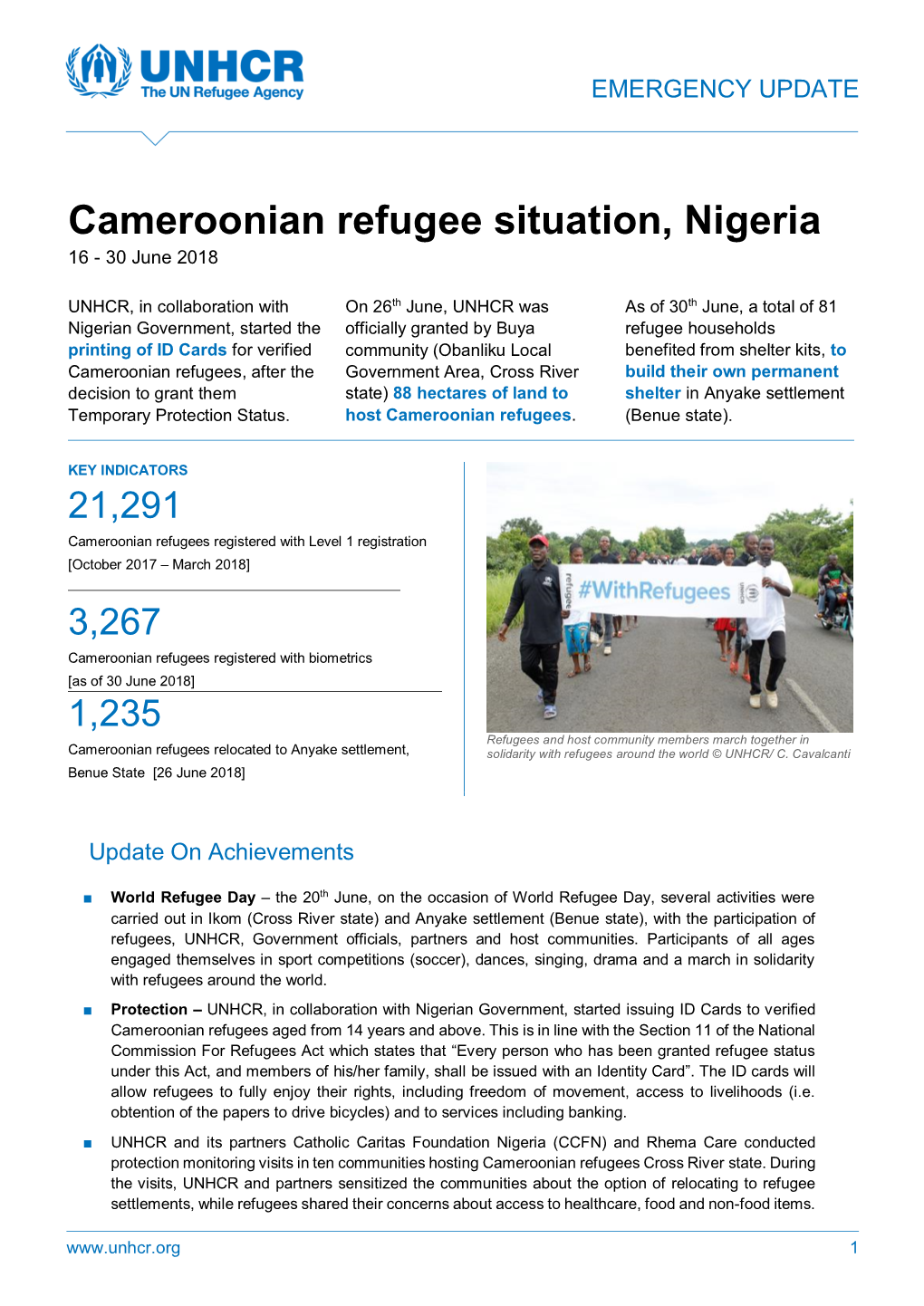 Cameroonian Refugee Situation, Nigeria 16 - 30 June 2018
