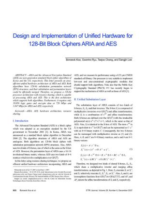 Design and Implementation of Unified Hardware for 128-Bit Block Ciphers ARIA and AES