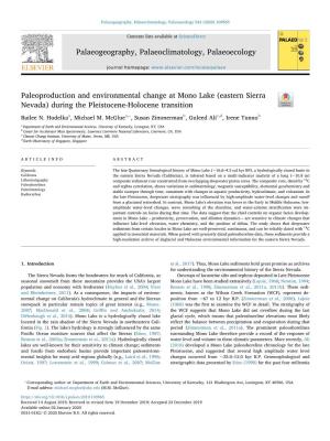 Paleoproduction and Environmental Change at Mono Lake (Eastern Sierra Nevada) During the Pleistocene-Holocene Transition T ⁎ Bailee N