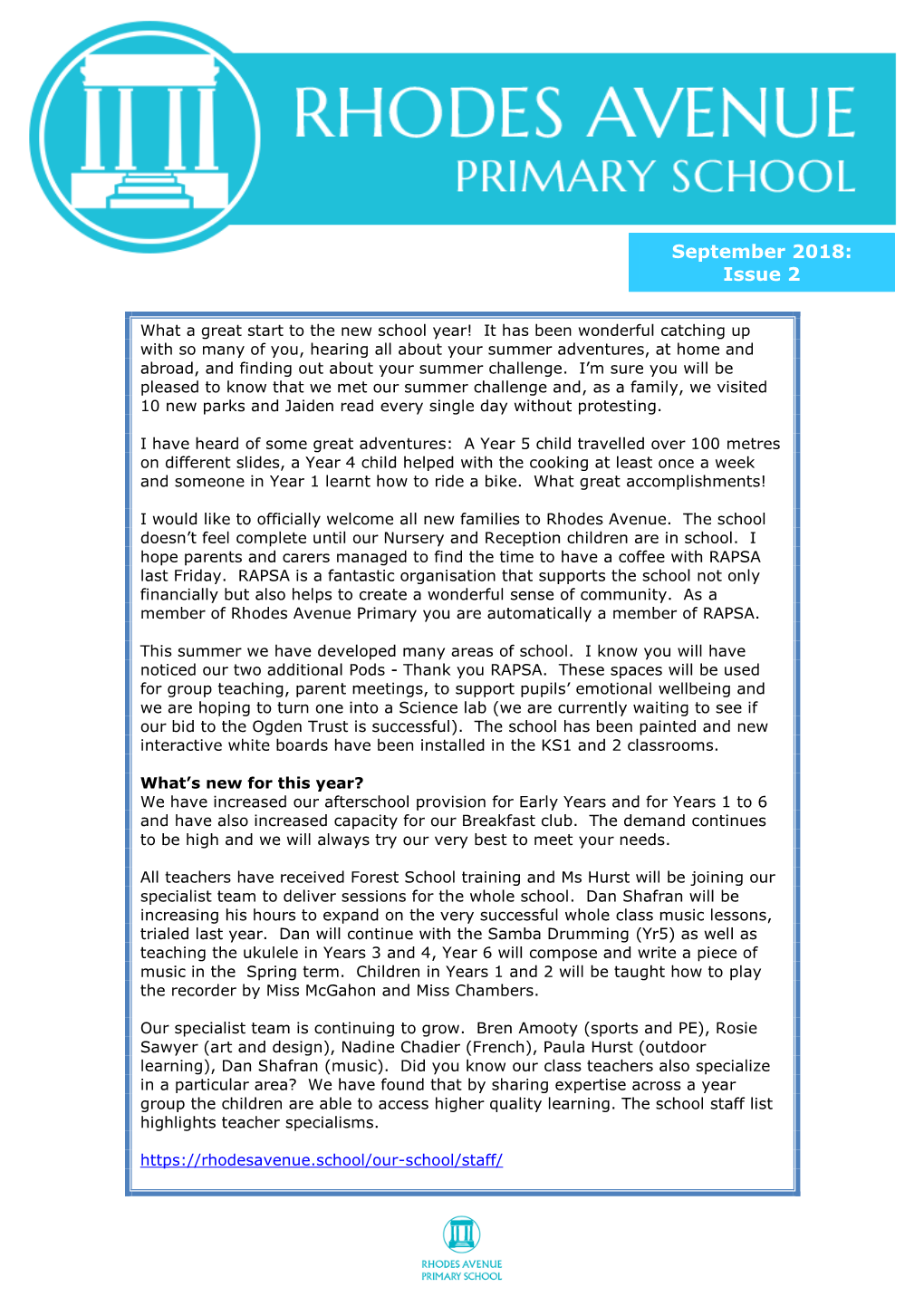 Headteacher's Newsletter September 2018 Issue: 2