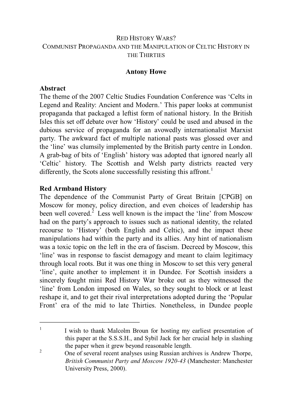 Antony Howe Abstract the Theme of the 2007 Celtic Studies Foundation