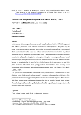 Songs That Sing the Crisis: Music, Words, Youth Narratives in Late Modernity (Introduction to the Special Issue)