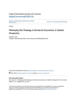 Philosophy, Not Theology, Is the Key for Economics: a Catholic Perspective