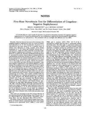 NOTES Five-Hour Novobiocin Test Fordifferentiation of Coagulase- Negative Staphylococci