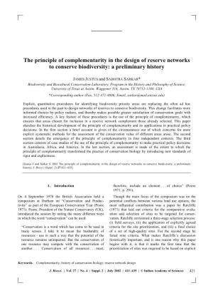 The Principle of Complementarity in the Design of Reserve Networks to Conserve Biodiversity: a Preliminary History