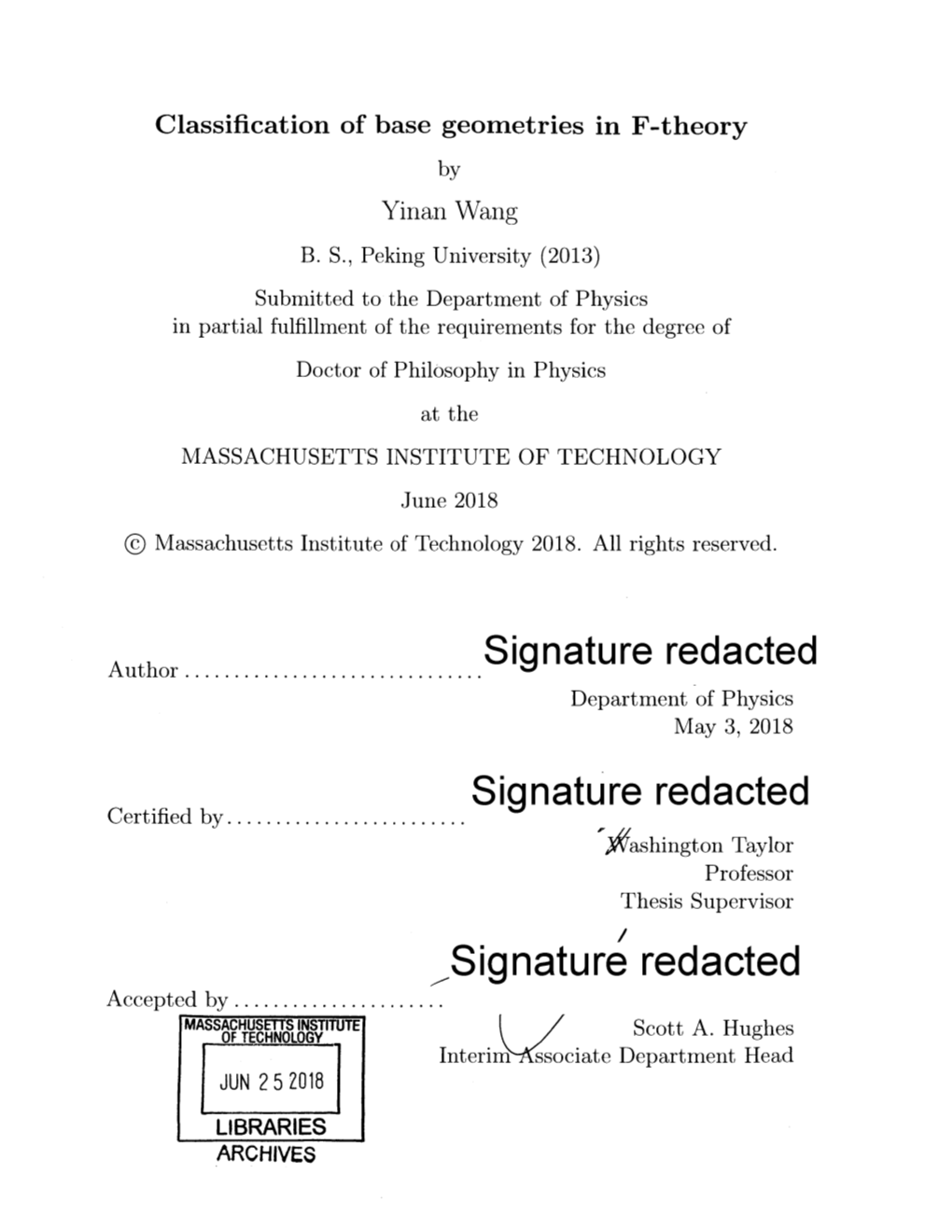 Signature Redacted Department of Physics May 3, 2018