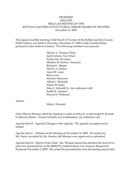 PROPOSED MINUTES REGULAR MEETING of the BUFFALO and ERIE COUNTY PUBLIC LIBRARY BOARD of TRUSTEES December 17, 2009