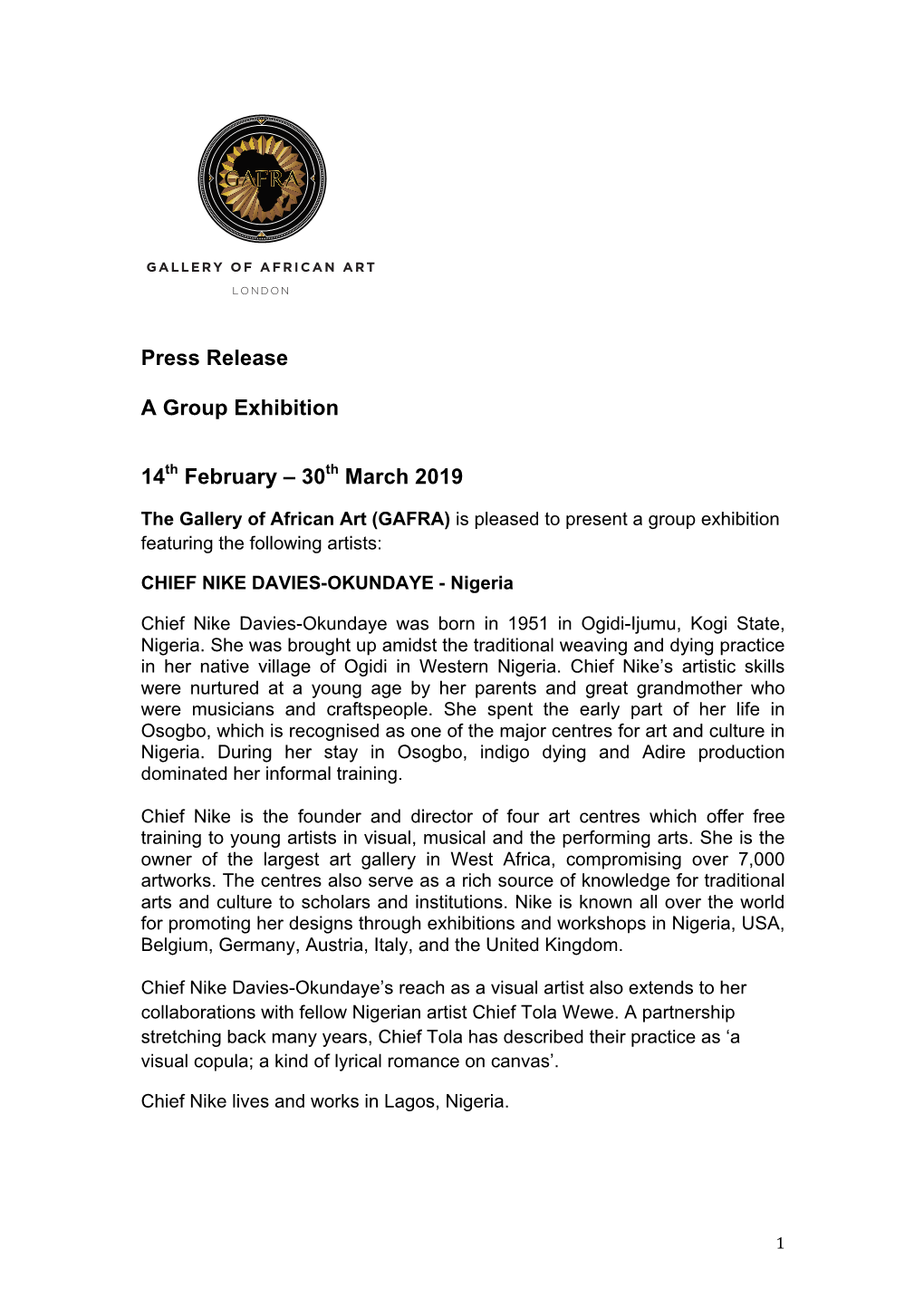 Press Release a Group Exhibition 14Th February – 30Th March 2019