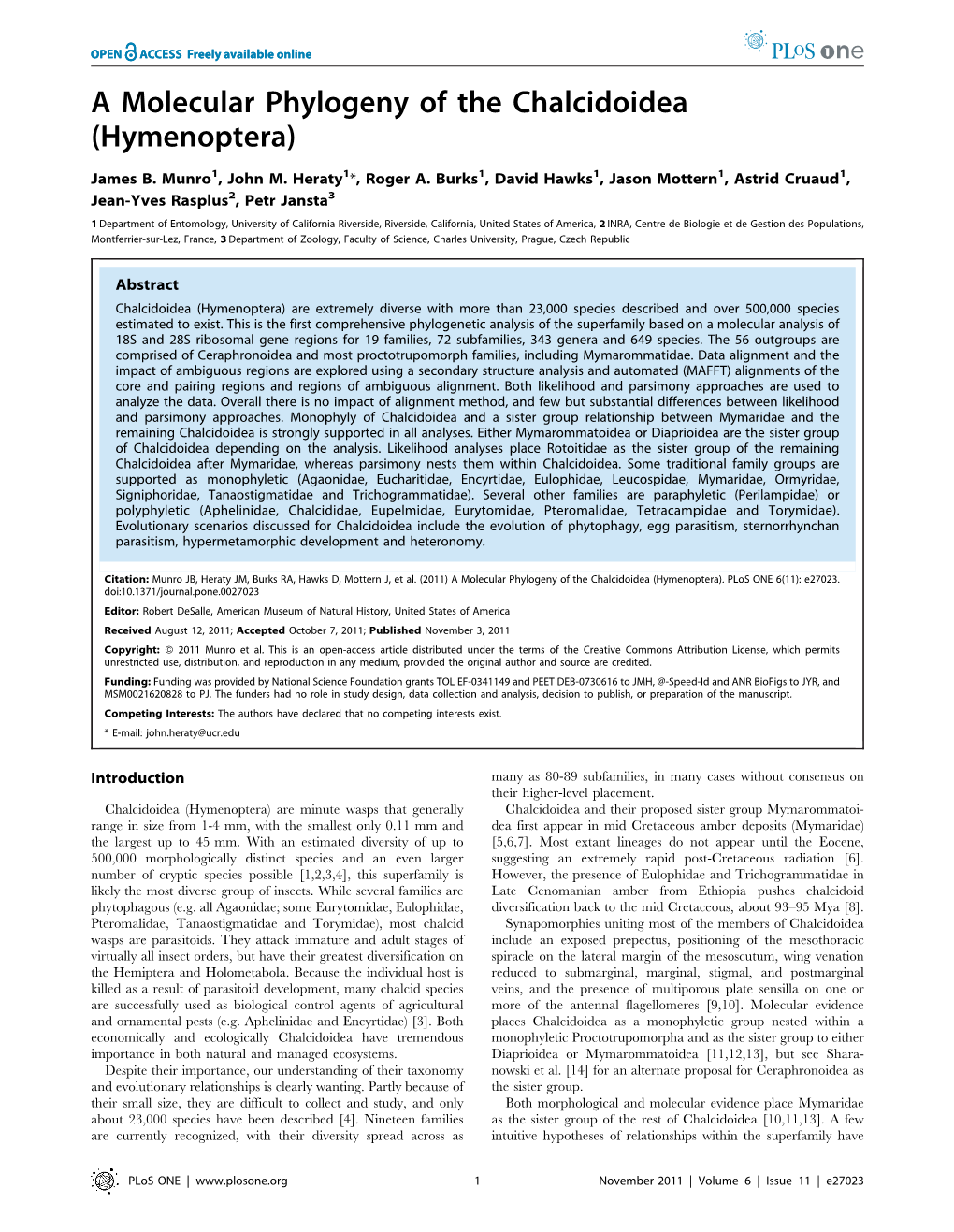 A Molecular Phylogeny of the Chalcidoidea (Hymenoptera)