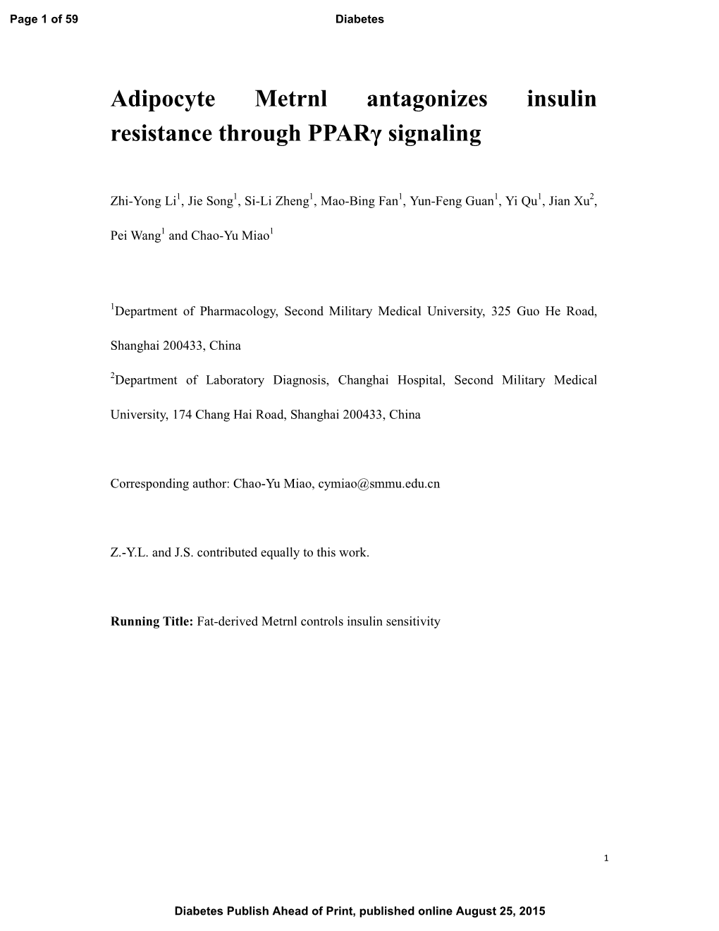 Adipocyte Metrnl Antagonizes Insulin Resistance Through Pparγ Signaling