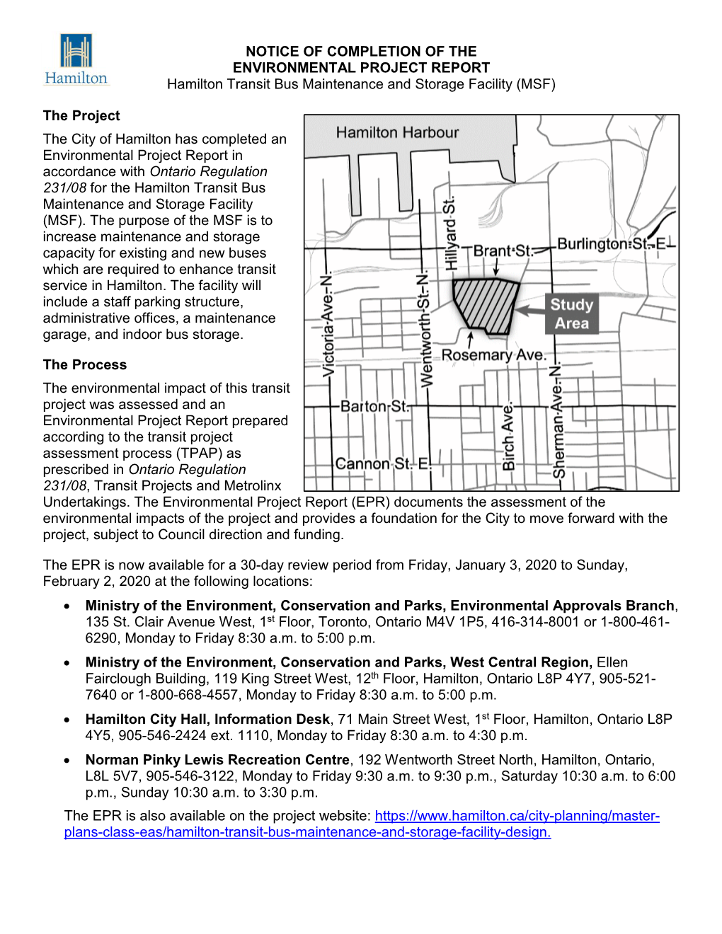 Notice of Completion and Environmental Project Report