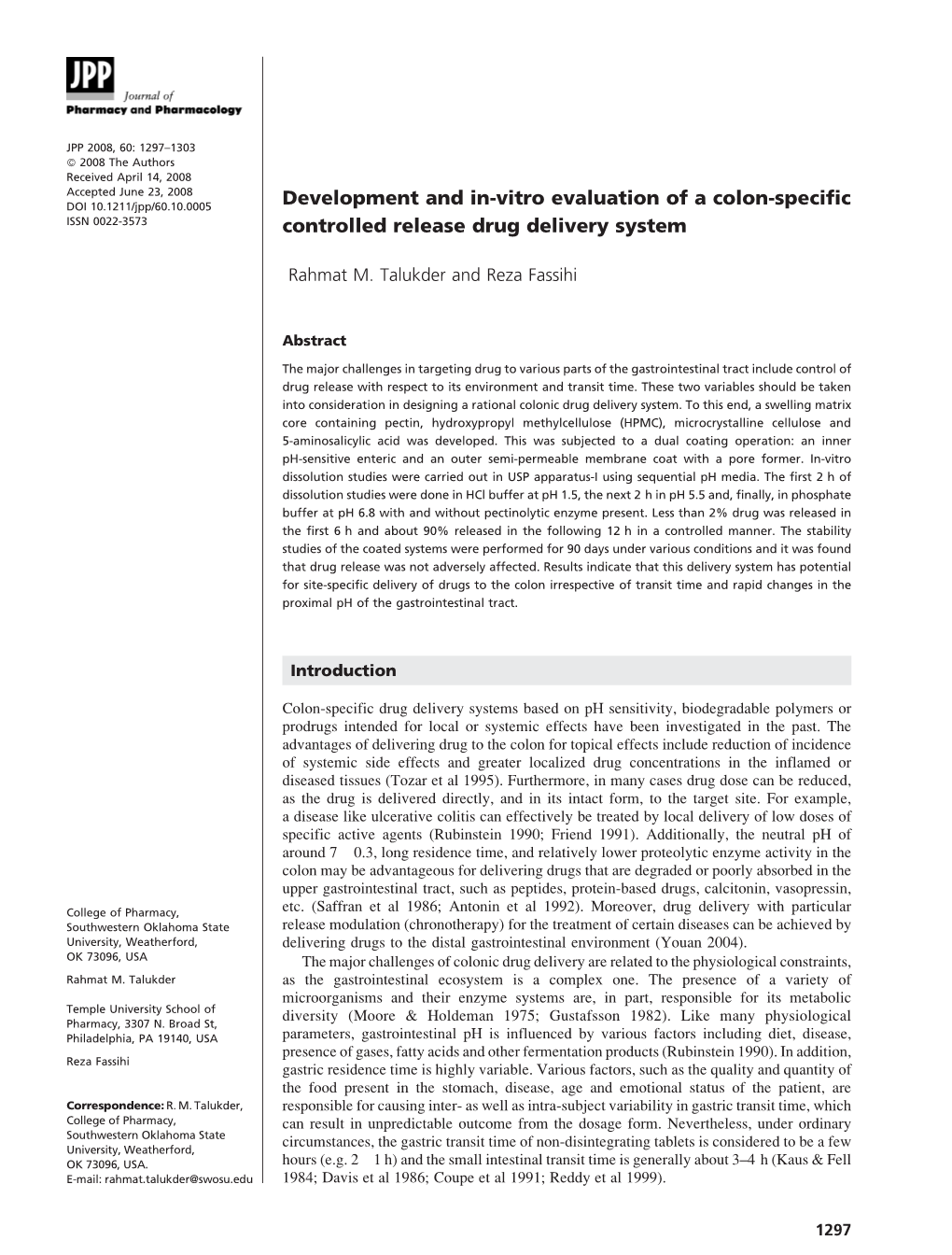 Vitro Evaluation of a Colon?Specific Controlled Release Drug Delivery