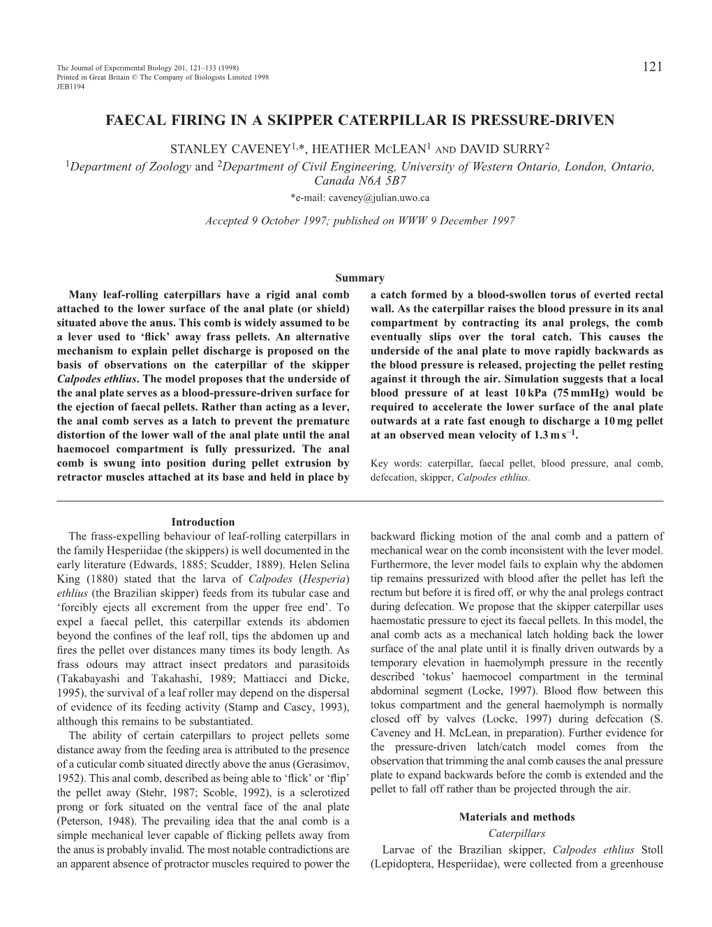 Faecal Firing in a Skipper Caterpillar Is Pressure-Driven