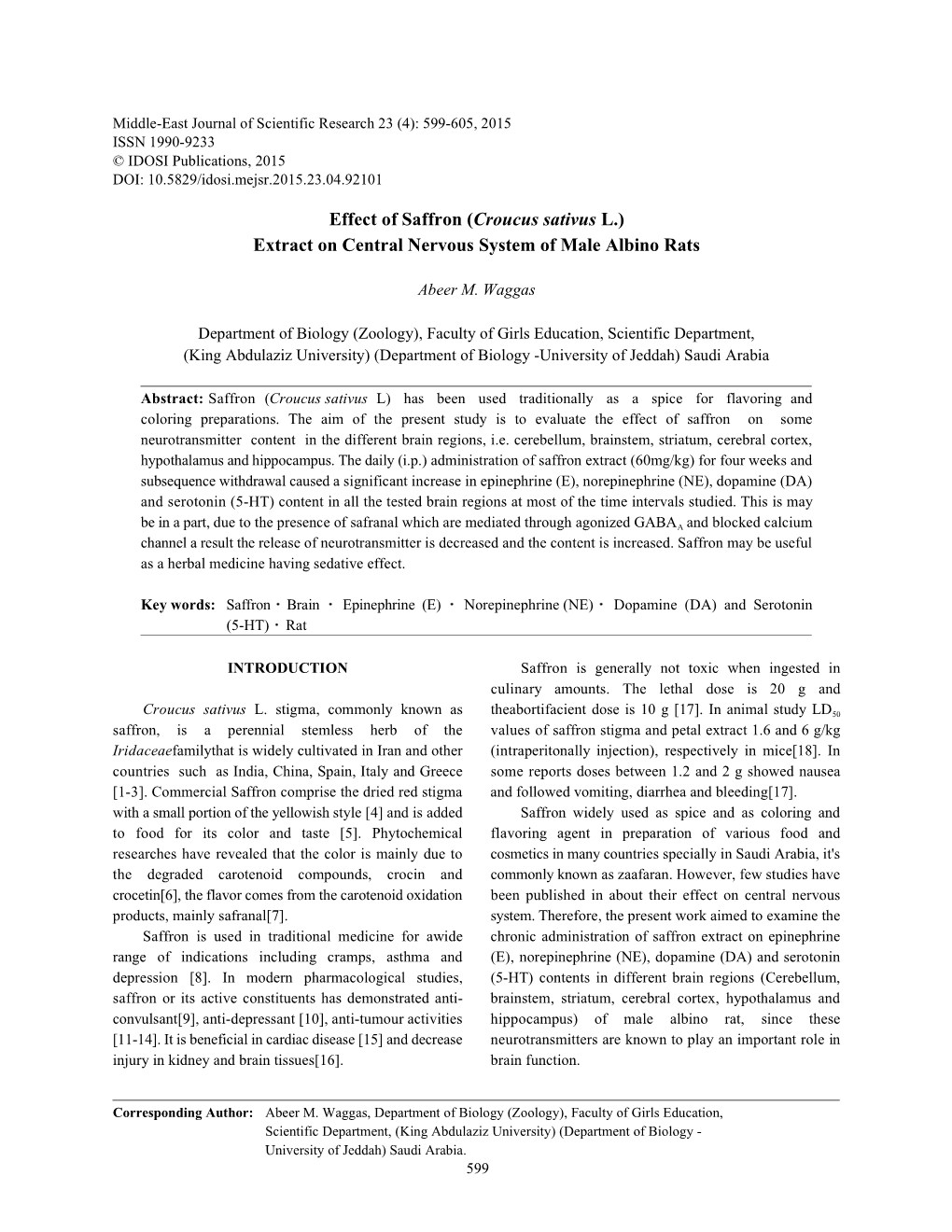 Effect of Saffron (Croucus Sativus L.) Extract on Central Nervous System of Male Albino Rats