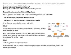 Lecture 14: Fatty Acid & Cholesterol Biosynthesis & Regulation