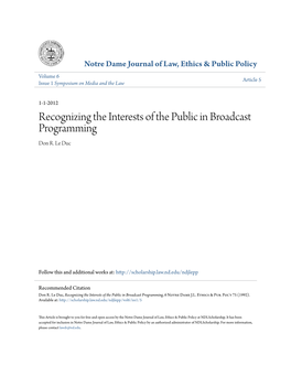 Recognizing the Interests of the Public in Broadcast Programming Don R