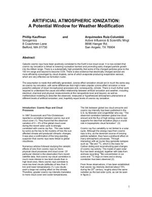 ARTIFICIAL ATMOSPHERIC IONIZATION: a Potential Window for Weather Modification