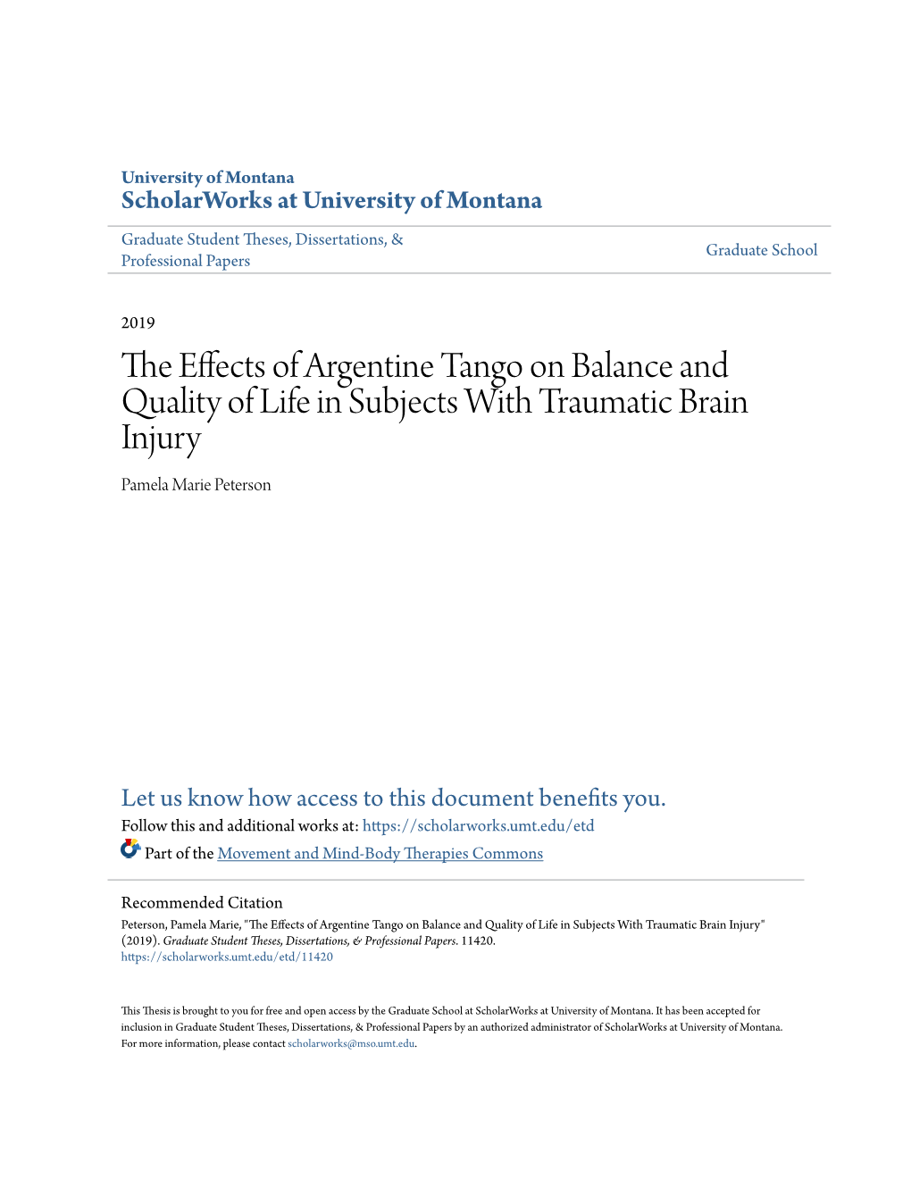 The Effects of Argentine Tango on Balance and Quality of Life in Subjects with Traumatic Brain Injury