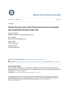 Growth of Young June Sucker (Chasmistes Liorus) Is Associated with Zooplankton Density in Utah Lake