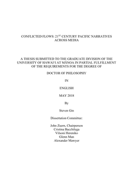 21St Century Pacific Narratives Across Media a Thesis Submitted to the Graduate Division of the University Of