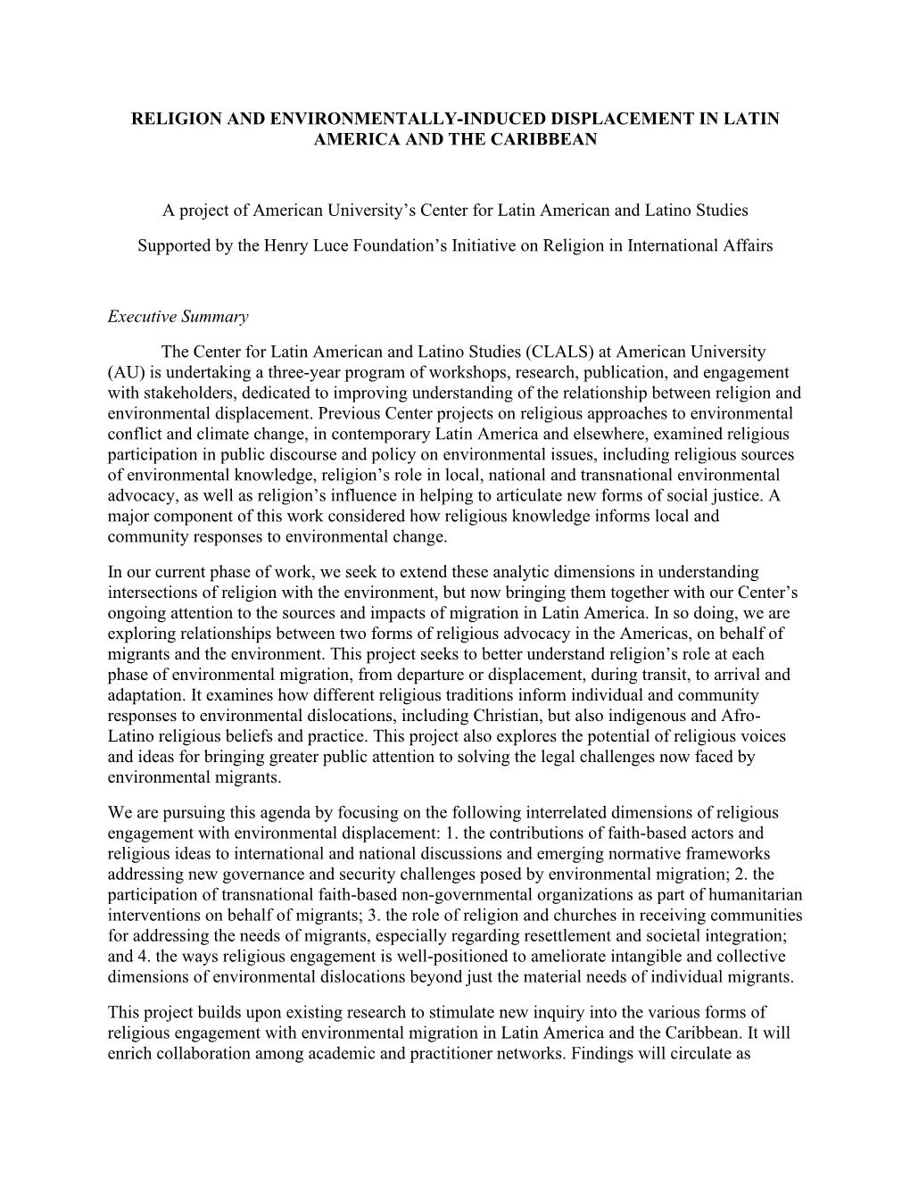 RELIGION and ENVIRONMENTALLY-INDUCED DISPLACEMENT in LATIN AMERICA and the CARIBBEAN a Project of American University's Center