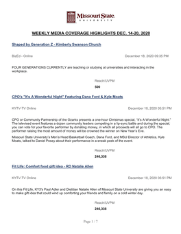 Weekly Media Coverage Highlights Dec. 14-20, 2020