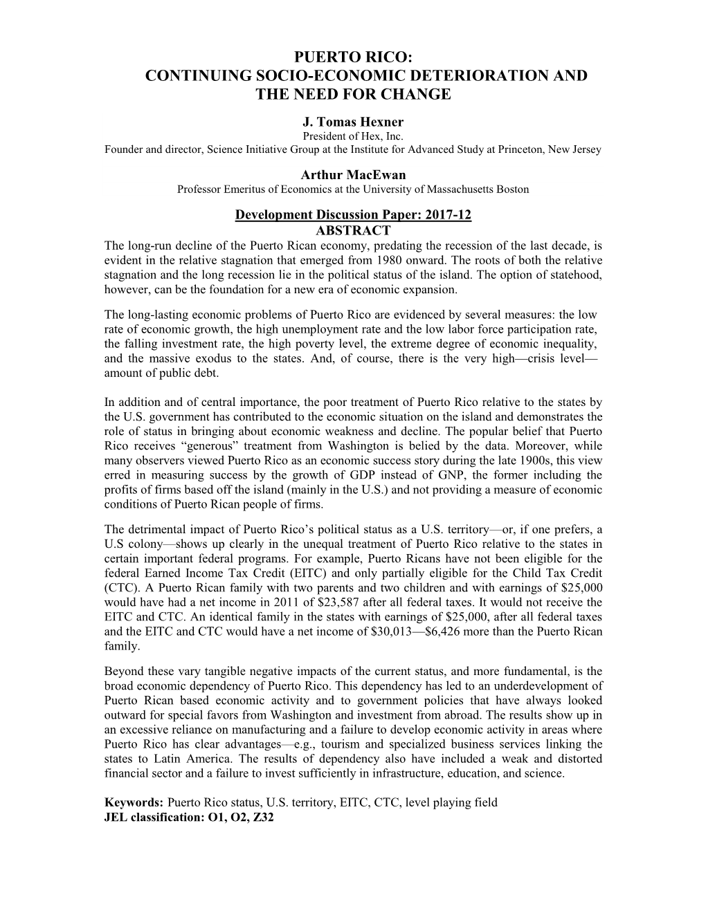 Puerto Rico: Continuing Socio-Economic Deterioration and the Need for Change