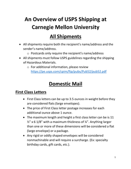 An Overview of USPS Shipping at Carnegie Mellon University All Shipments  All Shipments Require Both the Recipient’S Name/Address and the Sender’S Name/Address