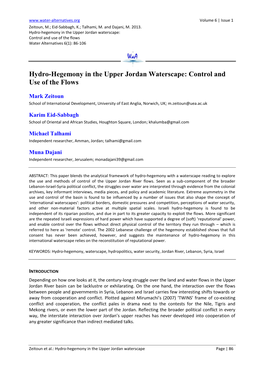 Hydro-Hegemony in the Upper Jordan Waterscape: Control and Use of the Flows Water Alternatives 6(1): 86-106