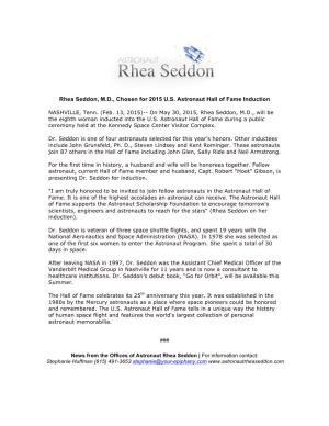 Rhea Seddon, M.D., Chosen for 2015 U.S. Astronaut Hall of Fame Induction