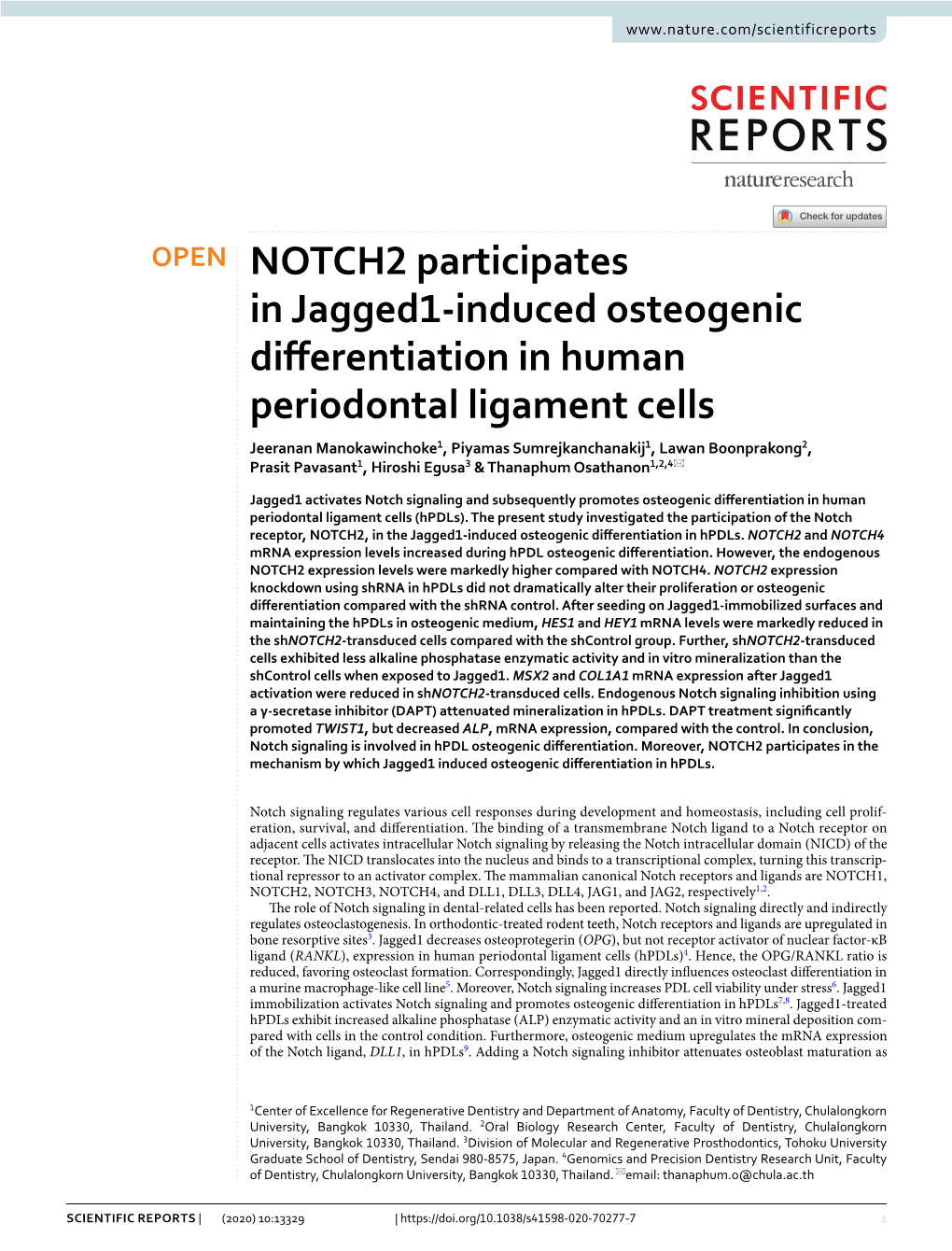 NOTCH2 Participates in Jagged1-Induced Osteogenic Differentiation in Human Periodontal Ligament Cells