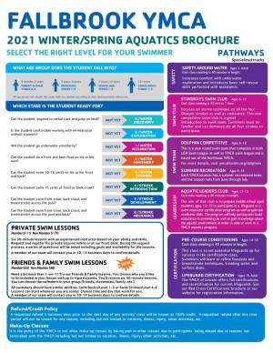 FALLBROOK YMCA 2021 WINTER/SPRING AQUATICS BROCHURE SELECT the RIGHT LEVEL for YOUR SWIMMER PATHWAYS Specialized Tracks