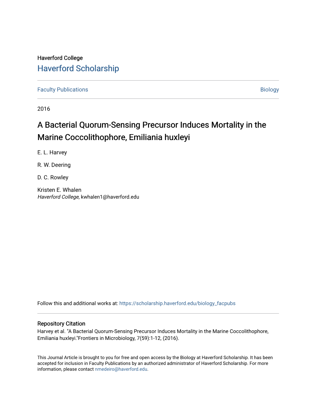 A Bacterial Quorum-Sensing Precursor Induces Mortality in the Marine Coccolithophore, Emiliania Huxleyi