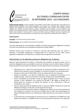 Compte Rendu Du Conseil Communautaitre 29 Septembre 2014 - Les Chalesmes