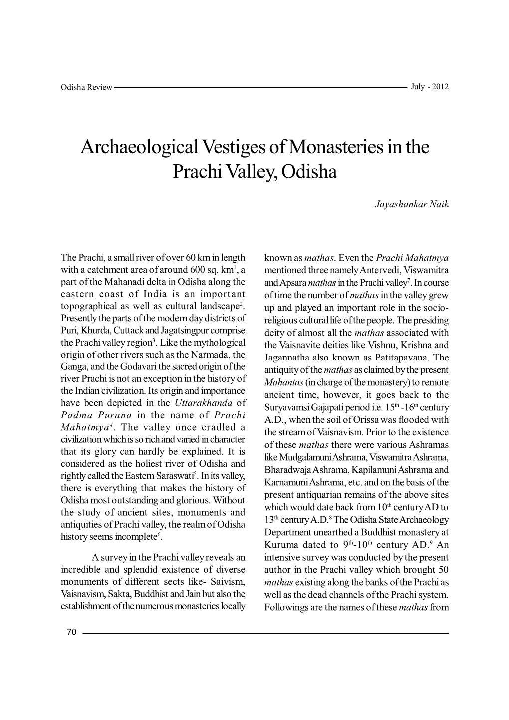 Archaeological Vestiges of Monasteries in the Prachi Valley, Odisha